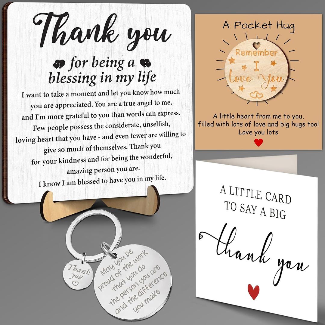 3 x Thank You Gifts for Coworkers, Teacher, Boss, Nurse, Employee, Pastor | Appreciation Gifts for Going Away, Retirement, Thanksgiving Desk Decor with Plaque, Pocket Hug, Keychain, Card FF751, 4.7"x4.7"