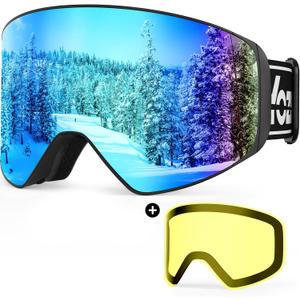 Ski Goggles for Men Women, Snow Goggle Over Glasses, Anti-fog Snow Sports Goggles for Snowboarding, Snowmobile (With Magnetic Lens Blue Vlt 14%)