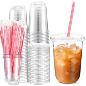 Ziliny 50 Sets Clear Plastic Cups with Heart Shaped Straws and Lids, Disposable Iced Coffee Cups Drinking Pet for Cold Drinks, Valentine's Galentine's Day Bridal Baby Showers Party (16 oz,Clear)