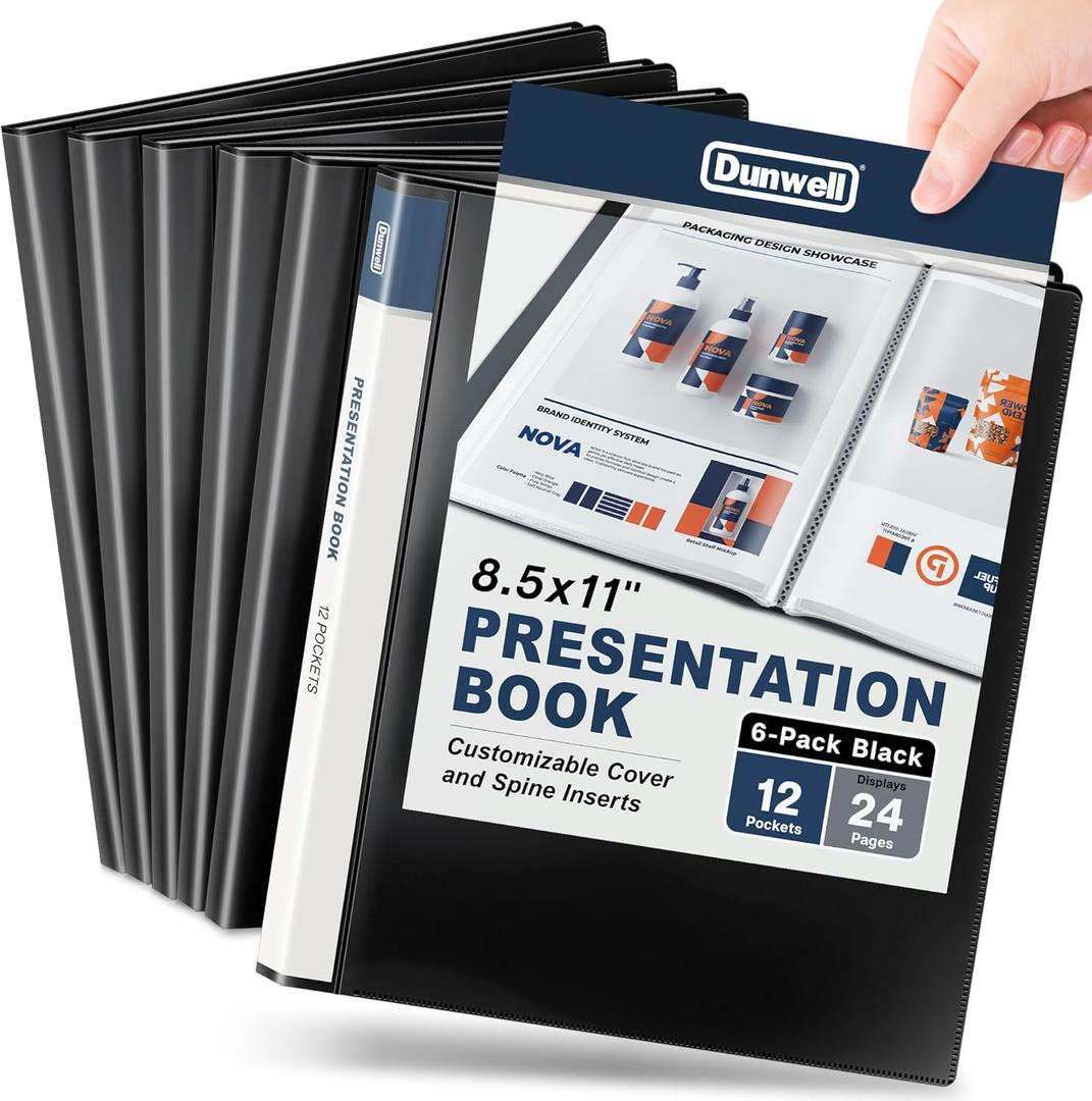 Dunwell Presentation Binder 12-Pocket, Displays 24 Pages, 8.5x11 Portfolio Binder with Plastic Sleeves, Storage and Organizer for Documents, Certificates, Projects, Photos (6 Pack, Black)