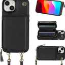 Bocasal Crossbody Wallet Case for iPhone 15, RFID Blocking Leather Purse Case with Card Holder, Protective Handbag Flip Cover with Zipper Wrist Strap Lanyard for Women 5G 6.1 Inch (Black)