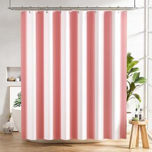 AmazerBath Pink Vertical Stripes Shower Curtain, Cute Pink Stripe Bathroom Shower Curtain with 12 Shower Curtain Hooks, Rustic Fabric Pink and White, 72x72 Inches
