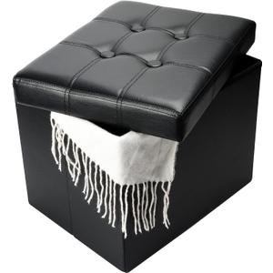 Bsketa Storage Ottoman, Folding Foot Stool with Thicker Foam Padded Seat Small Leather Storage Ottoman Bench Foot Rest for Living Room Foldable Coffee Table 17x13x13in, Black