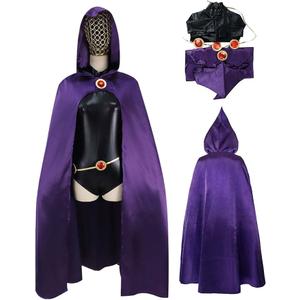 Raven Cosplay Costume Teen Purple Cape With Belt Cloak Wristlets Halloween Raven, 3XL