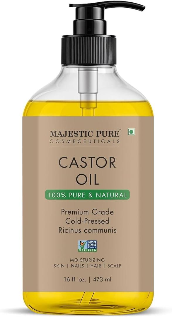 Majestic Pure Castor Oil - 100% Pure & Natural - Premium Grade, Cold Pressed, Hexane Free - Hair, Eyelashes, Eyebrows, Nails - Moisturizing & Nourishing - 16 Fl Oz
