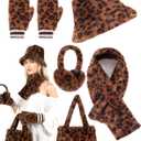 Gifts Sets for Women-5 Piece, Faux Fur Bucket Hat and Glove Set, Valentines Gifts for Her Wife Sister Girlfriends (Leopard Print Deep)
