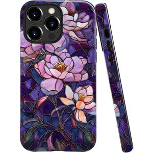 Case for iPhone 15 Pro,Fits Glossy Case Design for Girl Women,Stained Glass Flower Floral Purple