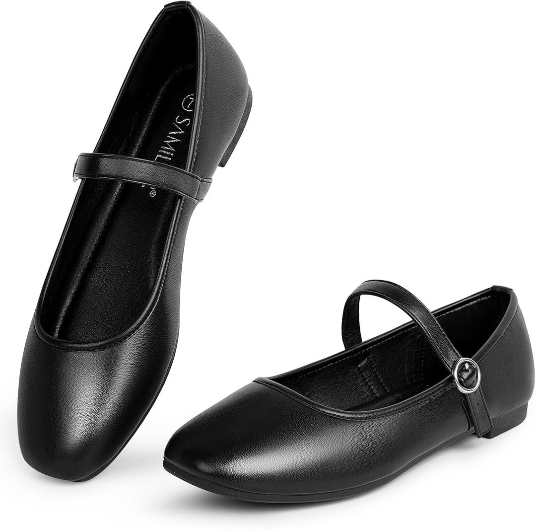 Mary Jane Shoes Women FlatsSquare Toe Black Flats - Ballet Flats for Women - Comfortable Ankle Strap Flats, 8