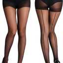 MERYLURE Vintage Style Backseam 20D Sheer Tights for Women Control Top Pantyhose Patterned Cuban Heel Stocking 2 Pairs (Large)