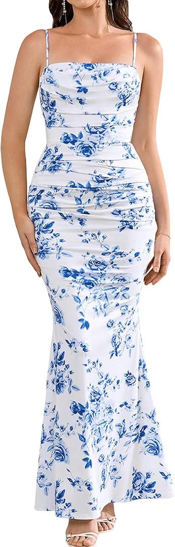 EYNMIN Women's Corset Maxi Long Formal Wedding Guest Cocktail Dresses | Bodycon, Ruched, Spaghetti Strap, Mermaid, Elegant Dress 2026, Prom, Gowns Evening, Bridesmaid, Engagement, Dinner, Party (White, XS)