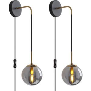 KUZZULL Wall Sconces Set of Two Black and Brass Gold Plug in Wall Sconces Set of 2 with Globe Smoke Grey Glass Shade Wall Lights Wall Lamps for Bedrooms Sconces Wall Decor Set of 2 with Plug in Cord