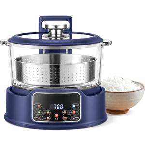 Low Sugar Rice Cooker - Multifunctional Low Carb Rice Cooke r with Auto-Lift Basket, Preset &Timer, Smart Glass Rice Cooker with Steaming, Boiling and Hotpot in One (Blue 3L)