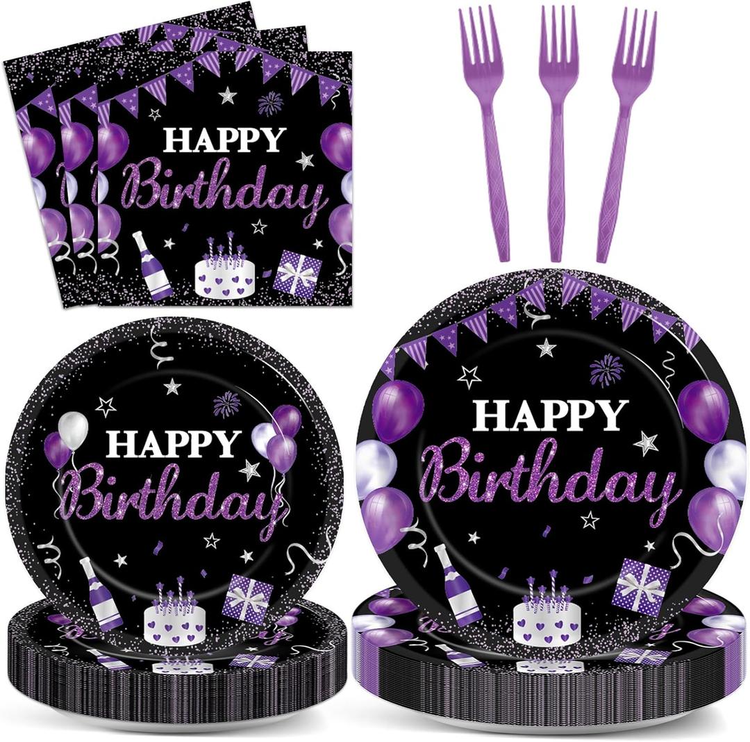 200Pcs Purple and Black Birthday Decorations Happy Birthday Party Supplies Tableware Set Purple Black Disposable Paper Plates Napkins Dinnerware for Women Girl Men Party Baby Shower Decor Serve 50