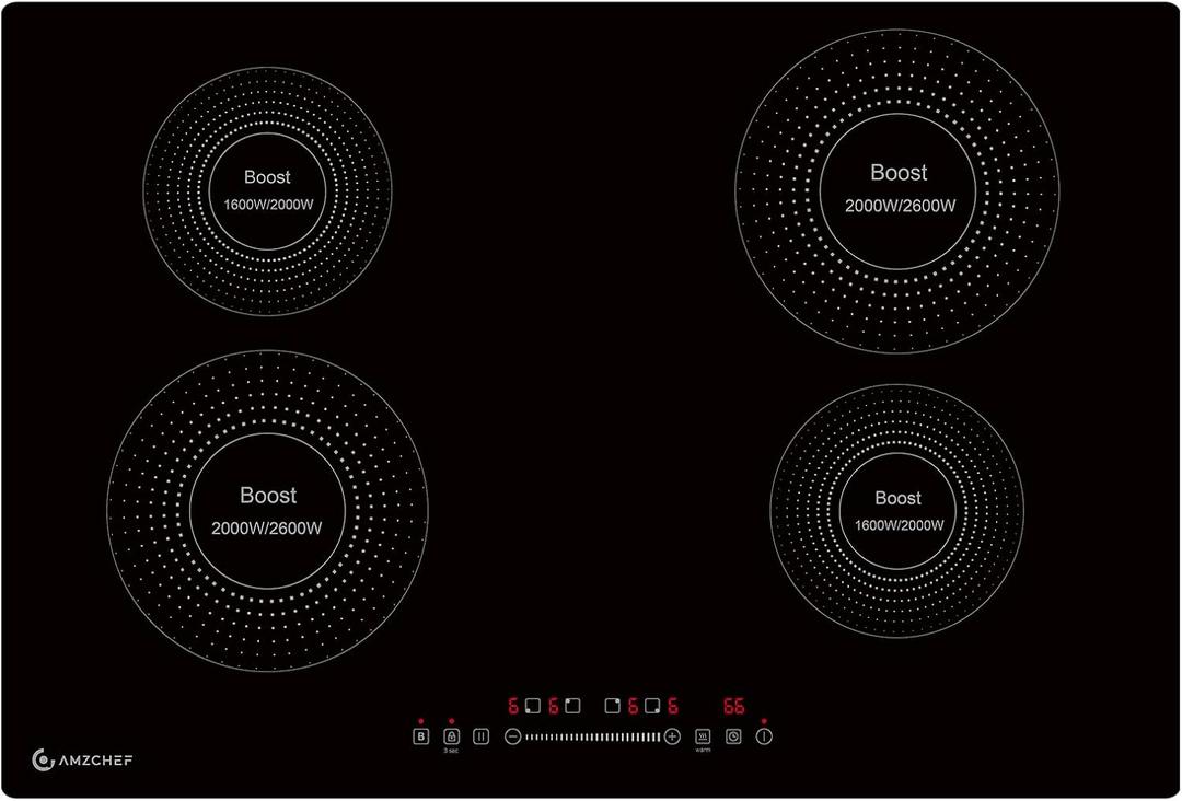 AMZCHEF Electric Cooktop 30 Inch with 4 BOOST Burners Bulid-in Induction Cooktop, 220V-240V/7200W 9 Levels Stove Control by Slide Touch, Child Safety Lock, Pause,Timer and Overheat Protection, No plug