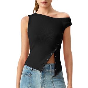 QINSEN Womens Off Shoulder Asymmetrical Tops Diagonal Button-up Closure Split Hem Cropped T Shirts Y2k Tank Top (Black, XL)