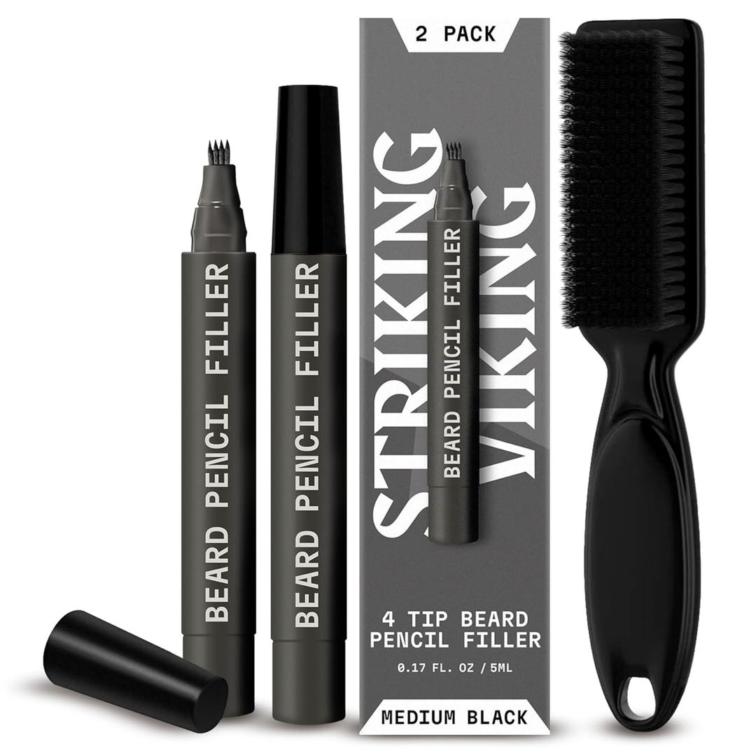 Striking Viking 2 Pack Beard Pencil Filler for Men with 4 Tips (Medium Black) - Fill, Shape & Define with this Long-Lasting, Waterproof Beard Pen Kit Including Brush