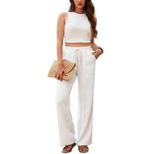 Beautiful Nomad Women's Linen Pants High Waisted Straight Pant Casual Flowy Wide Leg Drawstring Trousers with Pockets White S