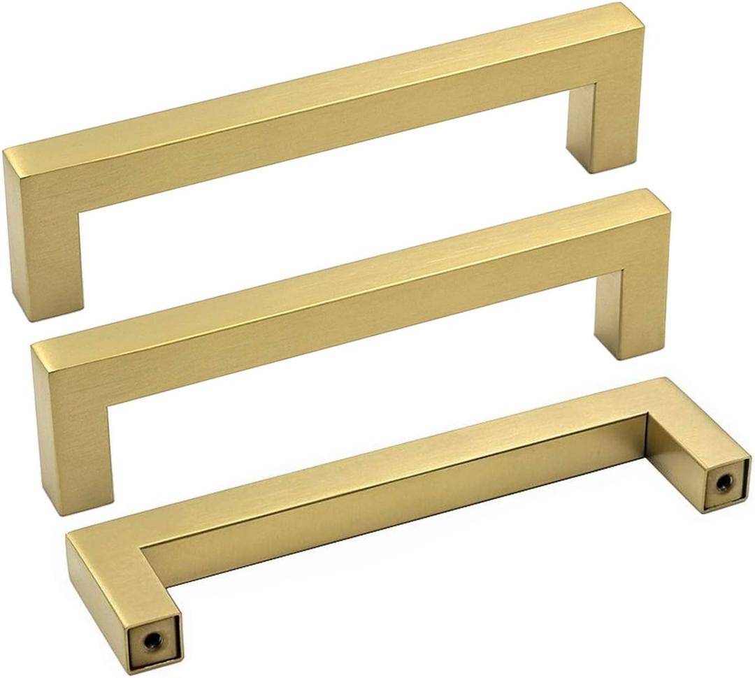 goldenwarm Gold Cabinet Pulls Square Kitchen Hardware Handles Brushed Brass Pulls for Cabinets Closet Square Cupboard Bathroom Desk Door Knobs 6-1/4in(160mm) Hole Centers 15Pack (6-1/4in hole centers)