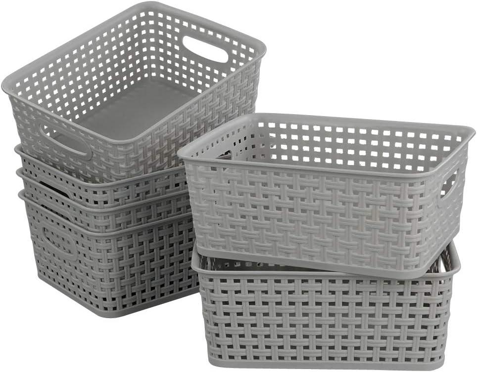 6-Pack Plastic Storage Organizer Basket, 10.04"L x 7.48"W x 3.95"H, Slightly Gray
