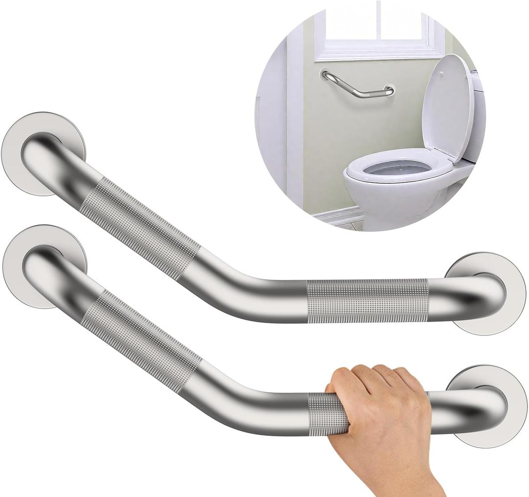 16 Inch Angled Shower Grab Bar, Munzong 2 Pack Anti Slip Satin Brushed Nickel Bathroom Grab Bar, Knurled Bathroom Balance Bar,Safety Hand Rail Support Handicap Elderly Injury Senior Assist Bath Handle