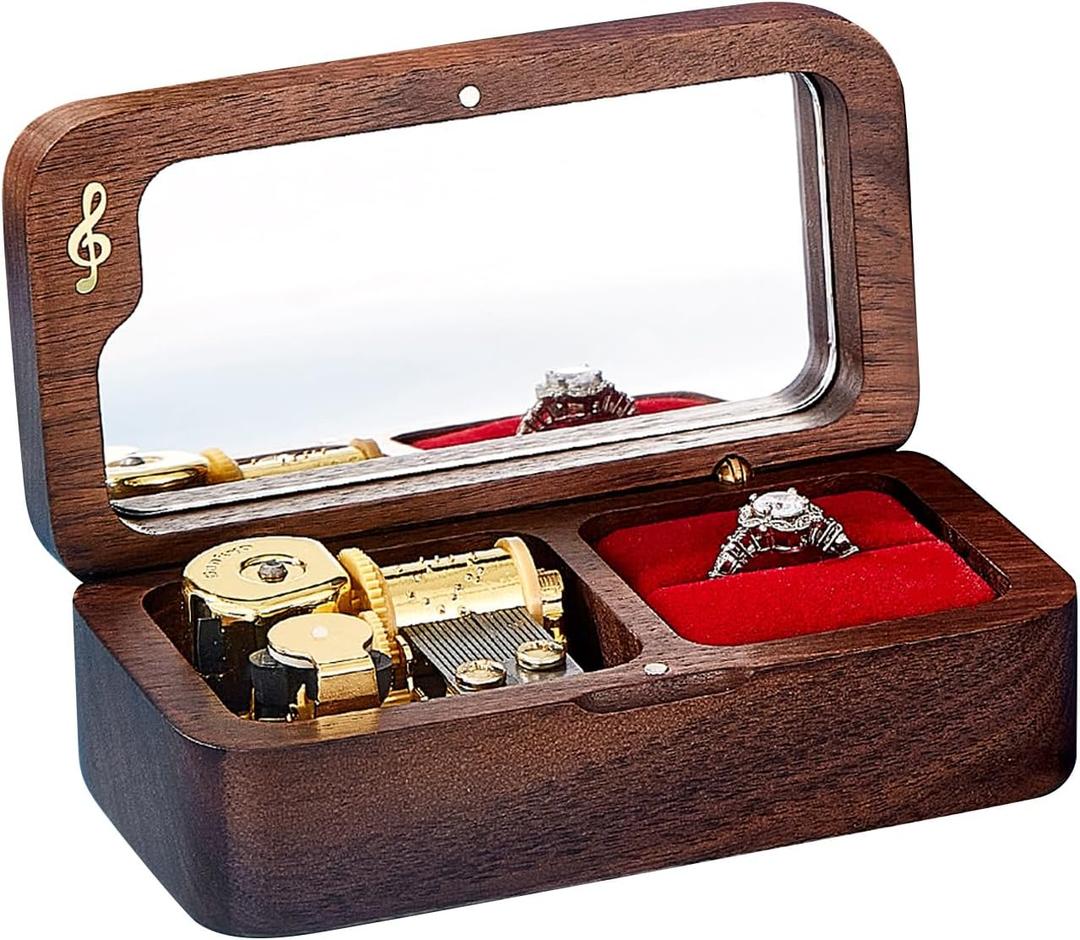 Elegant Vintage Wooden Jewelry Ring Jewelry Box, Musical Ring Box Gift for Lover Birthday Wedding Anniversary(Walnut Wood, Tune: You are my sunshine)
