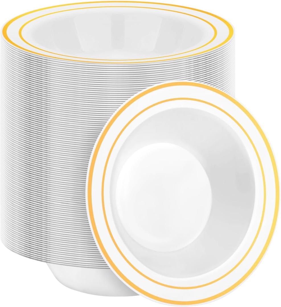 BESTSTAR 200 Pack Disposable Soup Bowls with Gold Rim, 12oz Premium Heavy Duty Plastic Dinner Bowls for Party, Wedding and Holiday