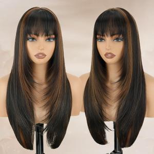 Highlight Long Straight Layered Wig with Bangs for Women 26 inch Black Mixed Brown Put on Go Realistic Synthetic Fiber Heat Resistant Natural Wig for Girls Party Cosplay and Daily Use