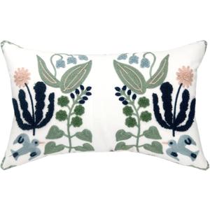 Alysheer Floral Embroidered Summer Lumbar Decorative Throw Pillow Cover 12"x 20", Farmhouse Cottage Navy Blue Green Flowers Leaves Patterned Cotton Canvas Cushion Case for Sofa Couch Bed Living Room (20" x 12" (Pack of 1))