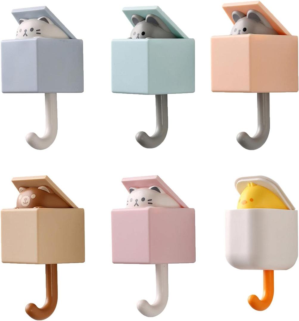 Creative Adhesive Coat Hook,6 Pcs Cute Pet Hooks for Coat, Scarf, Hat, Towel,Key,Bag, Utility Cat Hook for Wall Hanging Decorations(All 6 colors)