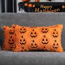 4TH Emotion Halloween Pumpkin Decorative Lumbar Pillow Covers 12x20 Set of 2, Orange Soft Plush Faux Fur Farmhouse Throw Cushion Cases for Fall Autumn Holiday Home Decorations