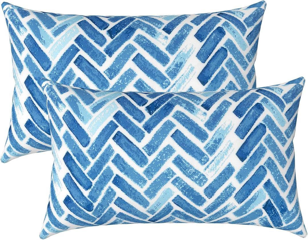 LVTXIII Set of 2 Patio Lumbar Pillows, 12x20 Fade Resistant Outdoor Lumbar Pillow with Inners, Fluffy Decorative Garden Lumbar Cushions for Home Patio Coach Sofa Use, Blue Brick