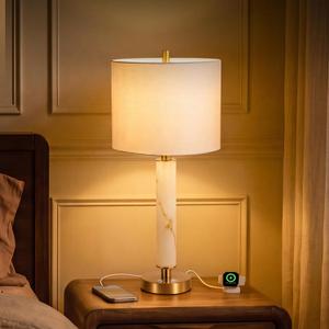 Table Lamp with Night Light, Desk Light with USB A&C Charging Ports, Stepless Dimmable Bedside Light for Reading and Nightstand, Modern Marble Lamp for Bedroom and Living Room