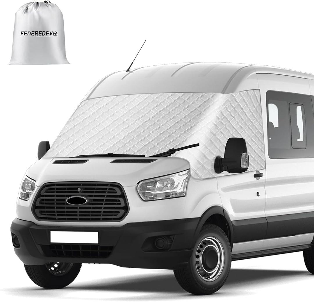 RV Windshield Cover for Ford Transit 150 250 350 350HD 2015-2026, RV Front Window Sunshade Cover, for UV Protection & Privacy Shield, Silver with Mirror Cutouts
