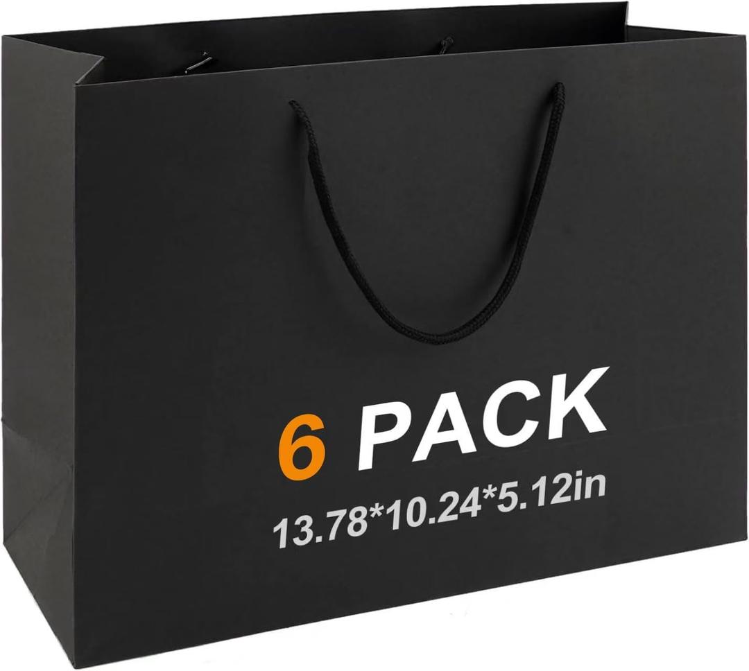 MUIIGOOD Gift Bags With Handles Paper Gags Medium Bulk For Party Shopping Birthday Wedding (6Pcs Black-35 * 26 * 13cm)