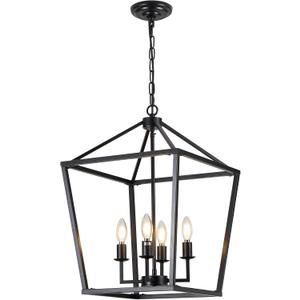 15.75" Black Farmhouse Chandelier for Dining Room, 4-Light Large Lantern Pendant Light Fixture Industrial Vintage Iron Cage Hanging Light for Entryway Kitchen Island Foyer