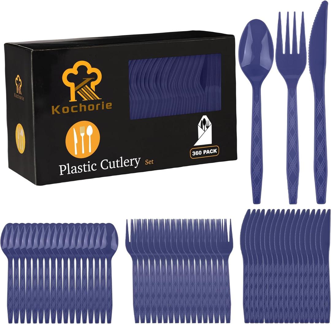 Kochorie 360 Pieces Navy Blue Plastic Cutlery Set Disposable Plastic Utensils Heavy Duty Flatware Set Include 120 Knives 120 Forks 120 Spoons for Wedding Birthday Party Supply