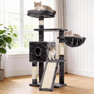 Hey-brother Cat Tree, 42.5-Inches Cat Tower for Indoor Cats, Plush Multi-Level Kitten Cat Condo with Scratching Post, Ramp, Basket, Spacious Cat Cave, Hanging Ball, Smoky Gray MPJ007SG