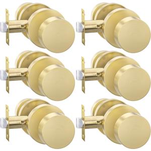 Goldenwarm Gold Closet Door Knobs, Zinc Alloy Brushed Gold Passage Door Knob, Interior Door Knob for Hallway, Closets, Brushed Brass Door Knobs Interior, Heavy Duty Round Ball (6 Pack)