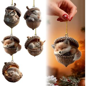 5Pcs Forest Animal Acorn Ornaments,Cozy Forest Woodland Christmas Ornaments for Christmas Tree,Forests Animal Christmas Ornaments,Pine Cone Animals Decor,Squirrel Acrylic Hanging Ornament