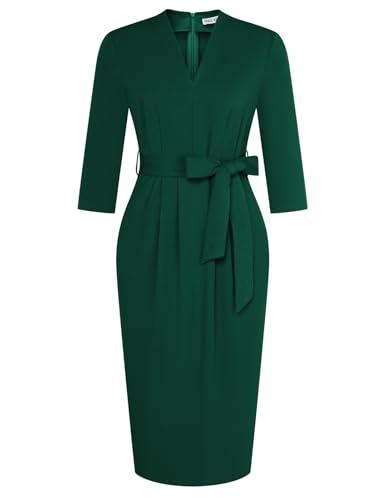 GRACE KARIN Women's Wear to Work Dresses V Neck 3/4 Sleeve Dress for Women Dark Green Cocktail Dress Semi Formal Dresses for Women with Belt,   S