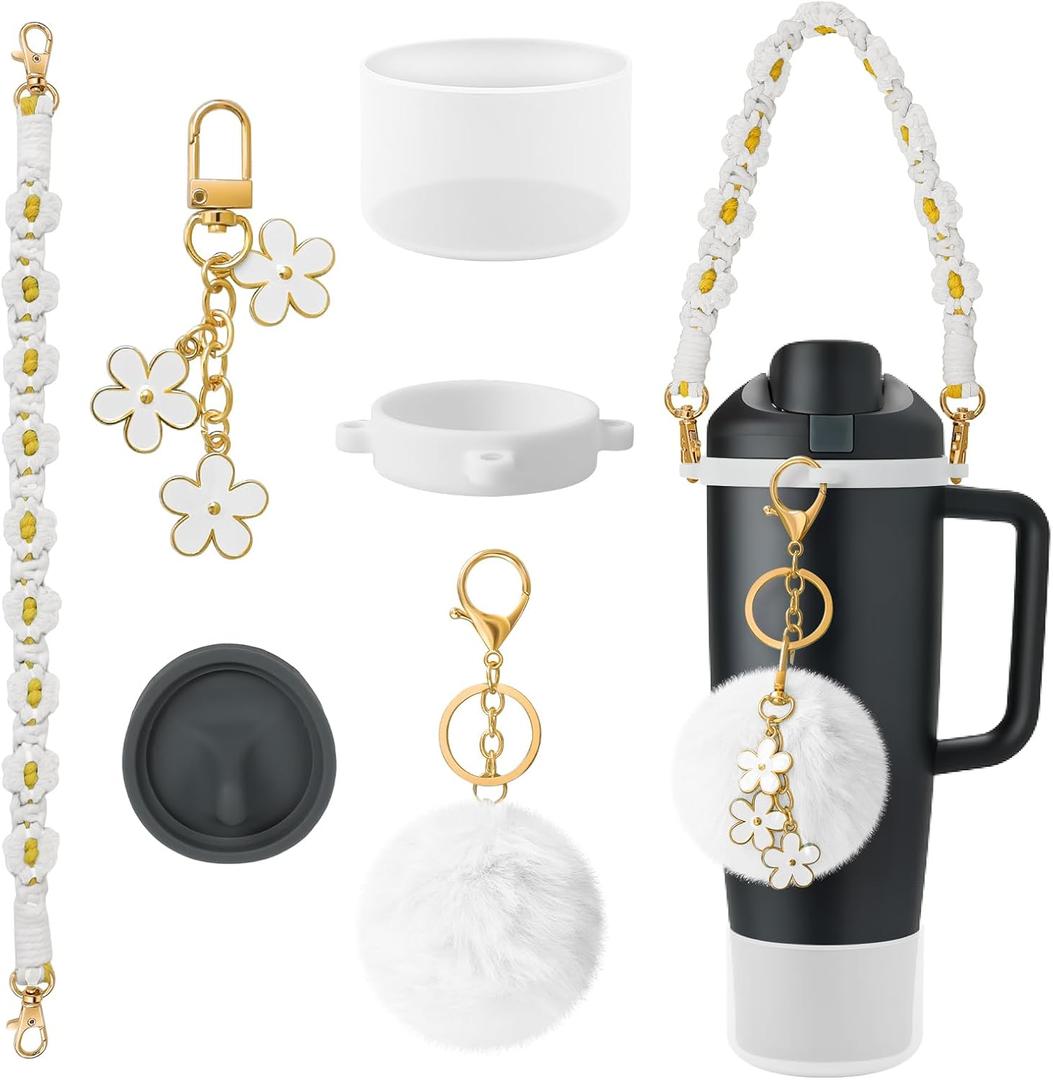 6Pcs Accessories Set Compatible with Owala 30oz & 40oz FreeSip Sway Bottles & Tumblers, Silicone Boot, Handle Strap, Replacement Stopper, Flower Charm, Plush Ball for Owalaa (Transparent)