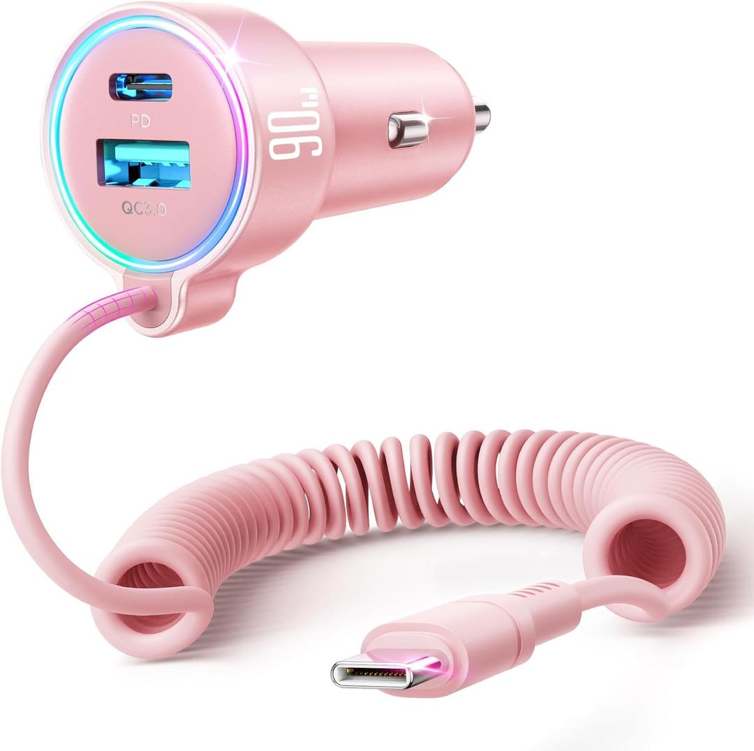 USB C 90W Car Charger for iPhone 17/16 Pro Max, PD & QC3.0 w/5 ft 45W Type C Coiled Cable, Fast Car Phone Charger Adapter for iPhone 17Air/15 Pro, Samsung Galaxy S25/S24/S23, Pixel 10/LG/Android, iPad