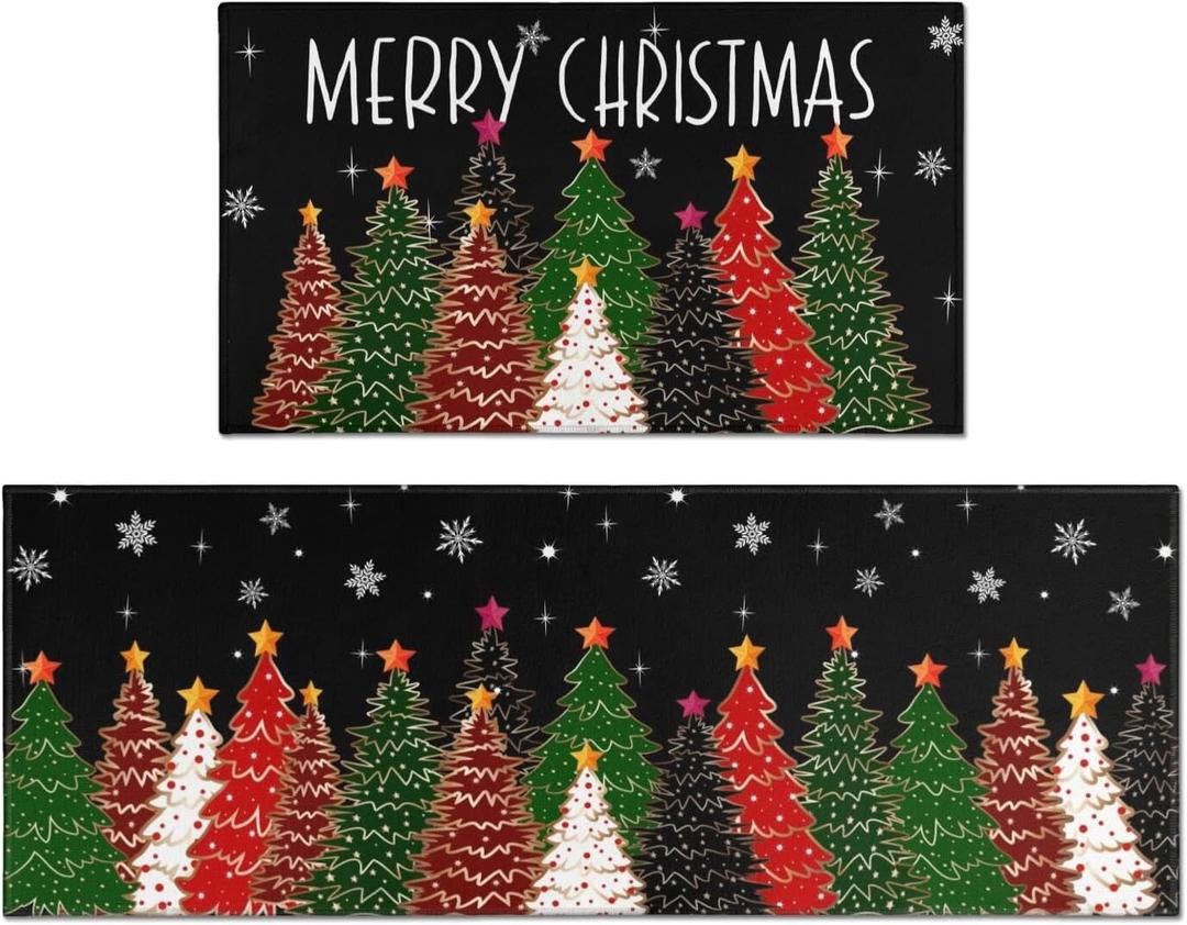 Black Merry Christmas Tree Kitchen Mats Set of 2,Xmas Star Winter Seasonal Farmhouse Home Decor Low-Profile Kitchen Rugs for Floor 17x30+17x47 Inch