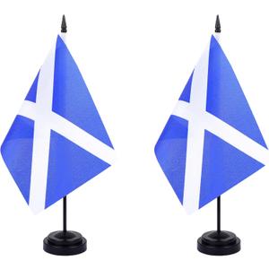 Scotland Desk Flag 12" Solid Pole Deluxe Set Scot Flags Banner Mini Small Scotland Office Table Flags with Black Stand Base Desktop Decorations(2Pack)