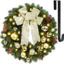 Hausse Lighted Christmas Wreath with Metal Hanger, Pre-lit Xmas Wreath with Large Golden Bow & Balls, Battery Operated with 40 LEDs Lights, for Front Door Gate Wall Christmas Party Decorations (15 Inch)