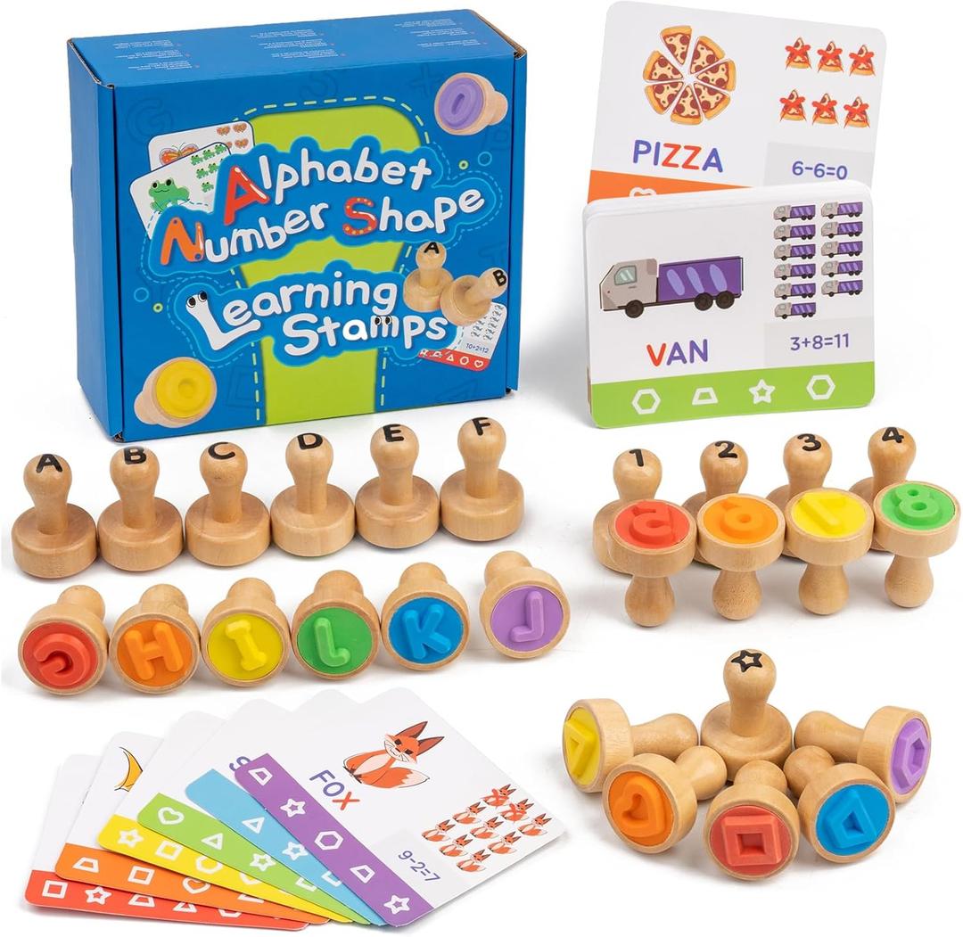 Alphabet Number Stamps for Kids, Wooden ABC Spelling Letter Stampers Set with Flashcard Mathematics Learning Number Stampers Arts & Crafts Supplies, Montessori Toy Gifts for 3 4 5 Year Old