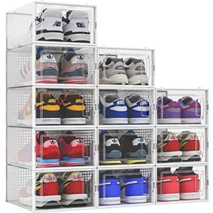 12 Pack Shoe Organizer Storage Bins Clear Plastic Stackable Shoe Boxes for Closet, Space Saving Foldable Shoe Storage Case, Sneaker Storage Shoe Box Container