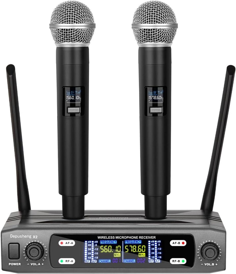 Depusheng Wireless Microphone System, VHF Fixed Dual Frequency Wireless Set with 2 Handheld Dynamic Transmitter Wireless Mic Set for Singing, Karaoke, Church, DJ,200ft Range