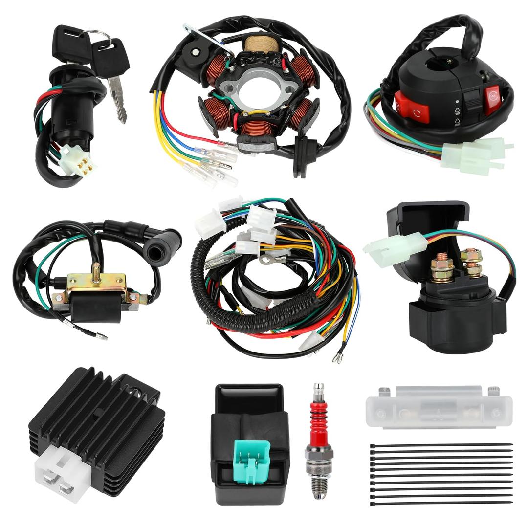 Complete Wiring Harness Kit Compatible with Tao tao Coolster 125cc 110cc Chinese ATV Quad 4 Wheeler 4 Stroke Parts with Ignition Coil Stator CDI Box Starter Relay Solenoid Voltage Regulator