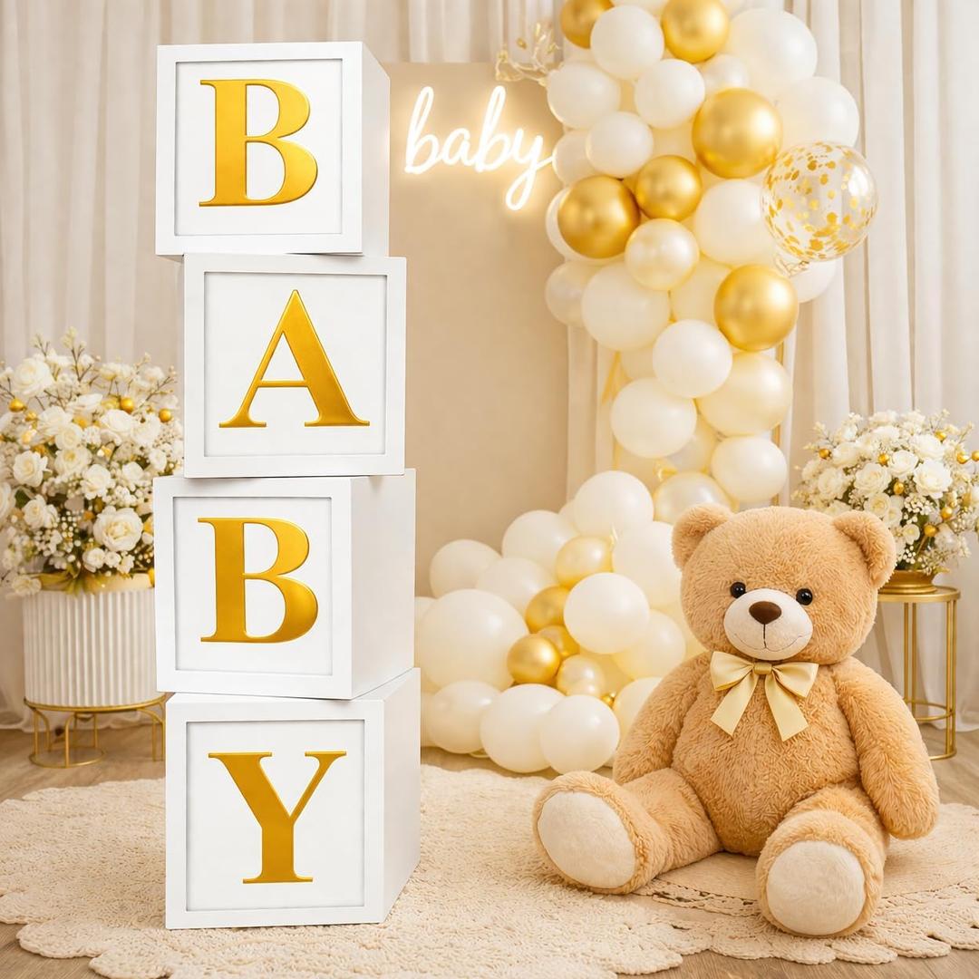 Baby Shower Balloon Boxes  4 White Photo Prop Blocks with Gold BABY Letters for Elegant Party Displays & Gender Reveal Decor